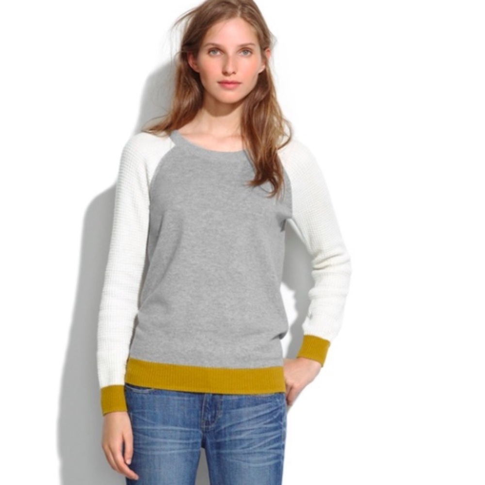 MADEWELL Large Womens Waffle Stitch Colorblock Sweater Cream Gray Mustard